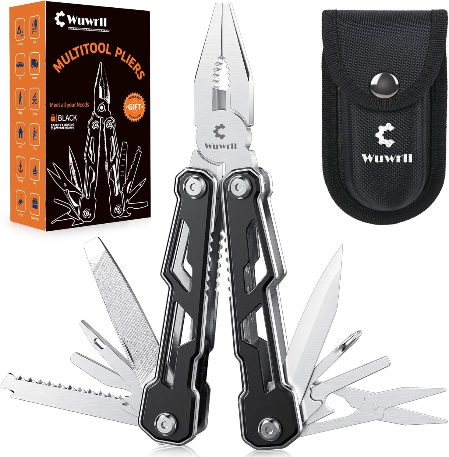 Wuwrll Multitool with Safety Locking,16-in-1 Multi Tool Stainless Steel Pocket Knife Set with Pliers, Upgrade Camping Tool Gifts for Men,for Survival, Camping, Hiking, Outdoor 1 Pcs