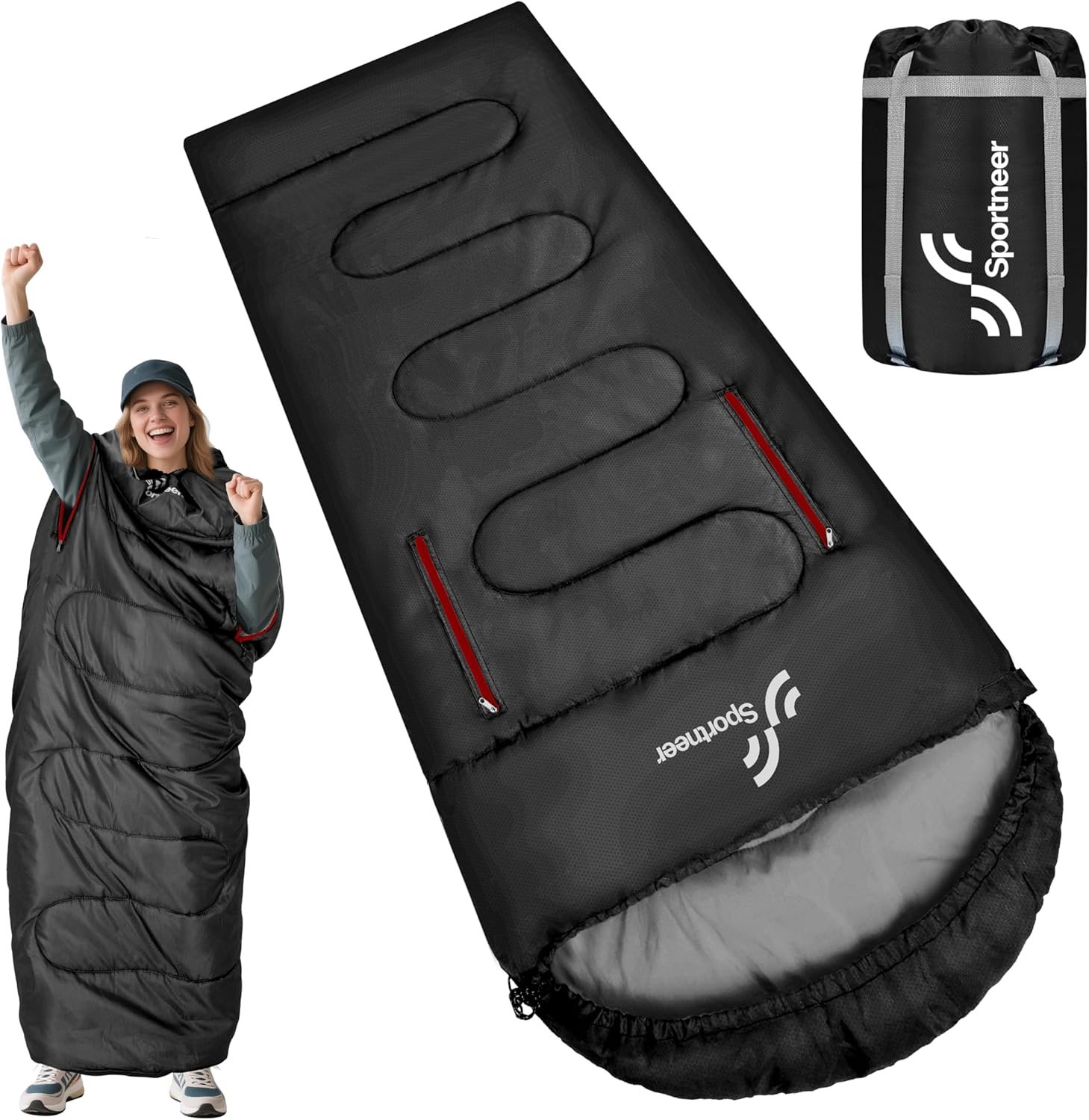 Sportneer Wearable Sleeping Bag for Adults & Kids – Walkable with Arm Zippers, Warm Weather & Cold Waterproof, Compact for Camping, Stadiums, Travel, Backpacking & Car Use