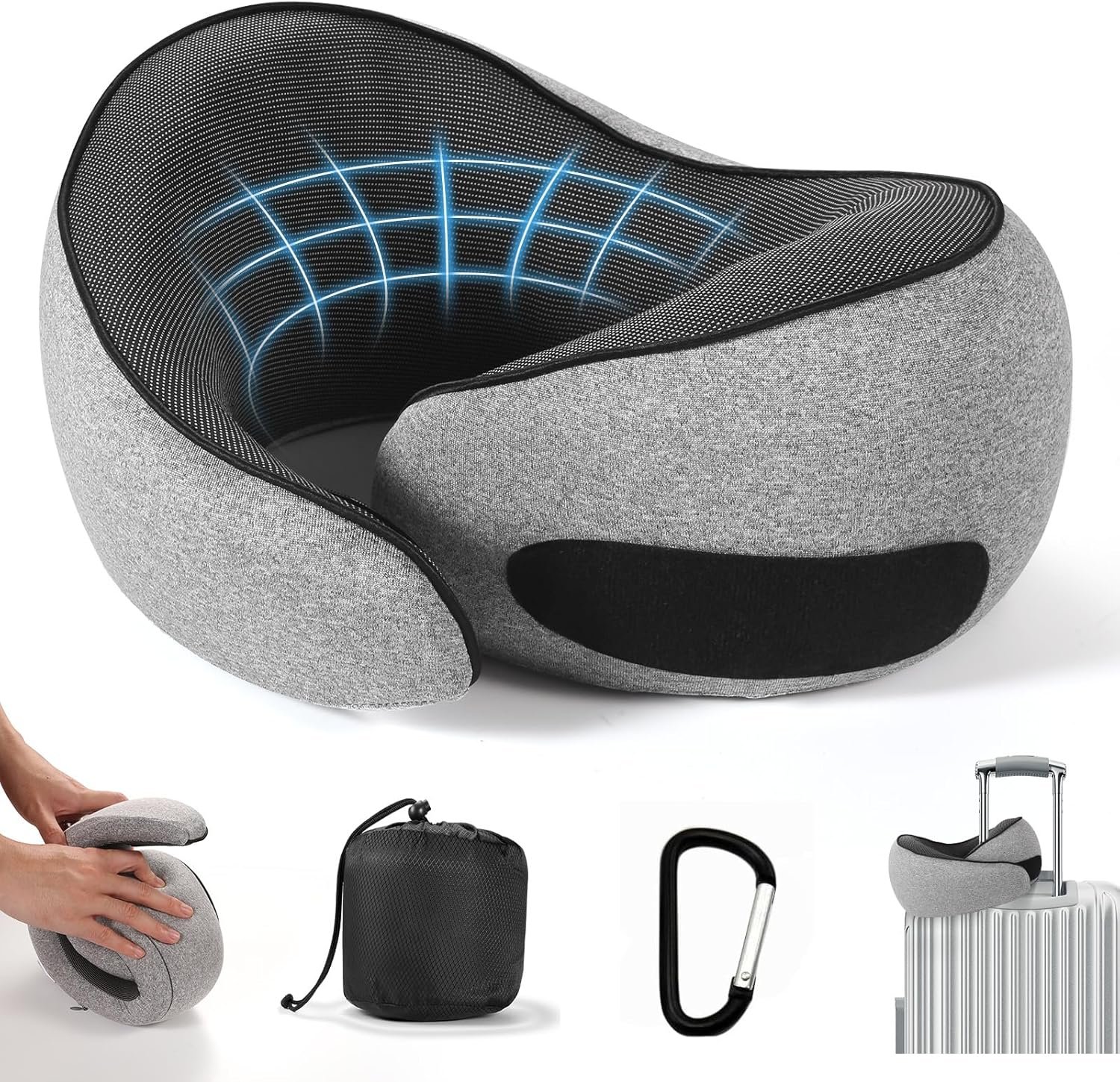 SZXYX Neck Travel Pillows – 100% Pure Memory Foam Neck Pillow for Airplanes, Comfortable Breathable Cover, 360° Support Stowable Pillows for Sleeping, Car, Airport Travel Essentials, Gray