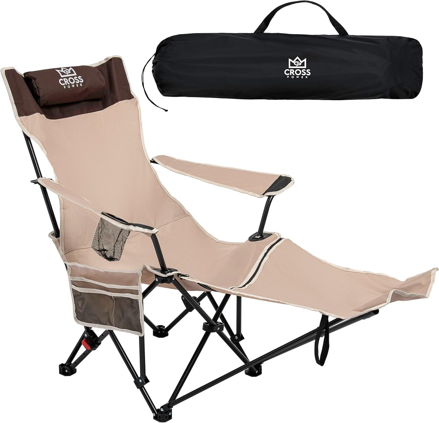 Reclining Camping Chair with Adjustable Backrest – Heavy-Duty Folding Chair Supports 550 lbs – Cup Holder, Side Pocket, Carry Bag – Portable & Durable Outdoor Chair for Camping, Beach, Lawn