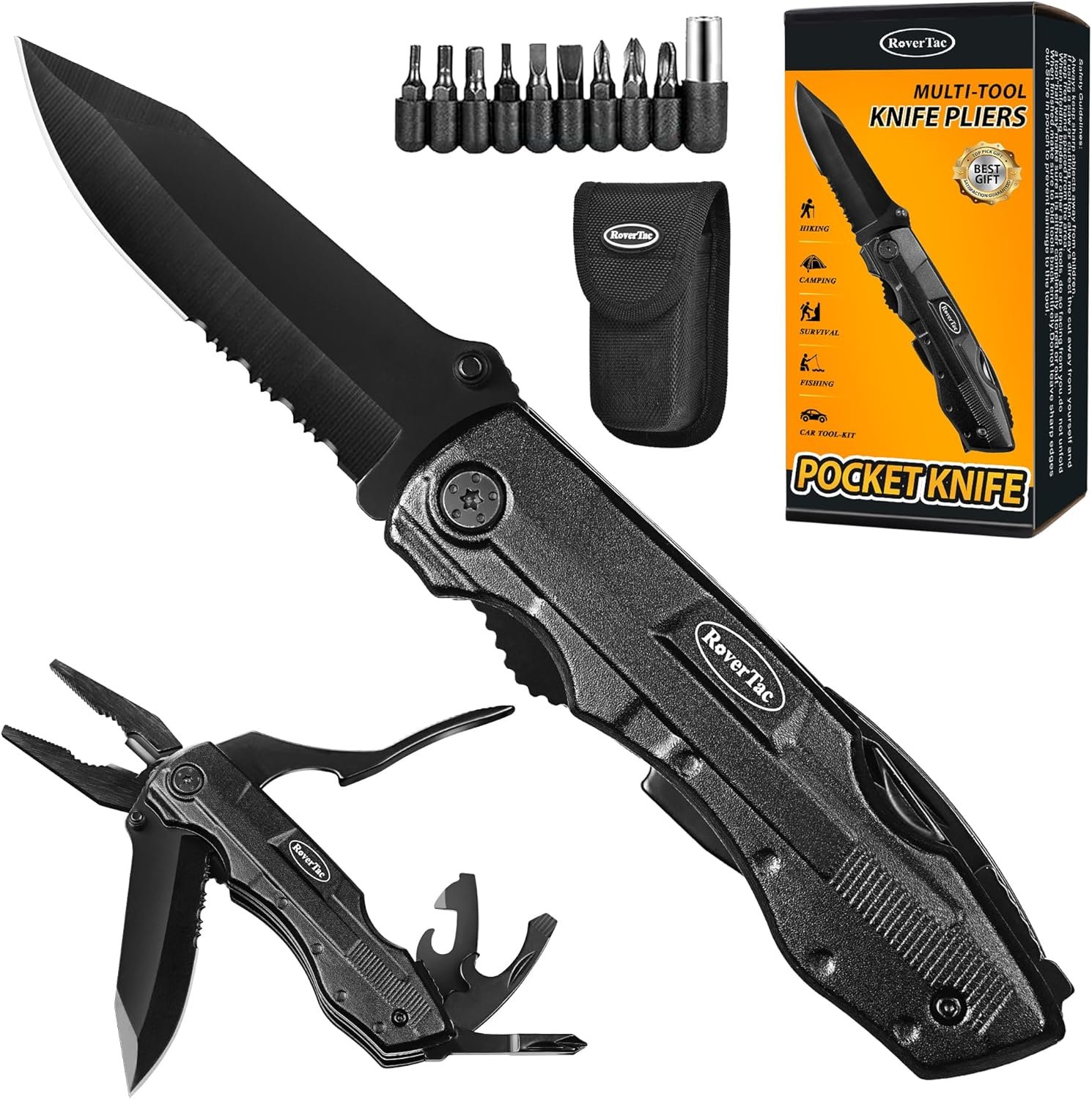 RoverTac Pocket Knife, 15-in-1 Multitool with Pliers, Bottle & Can Opener, 9 Screwdriver Bits, Locking Mechanism & Nylon Sheath – EDC Multi Tool for Camping, Hiking & DIY, Gift for Men & Dad