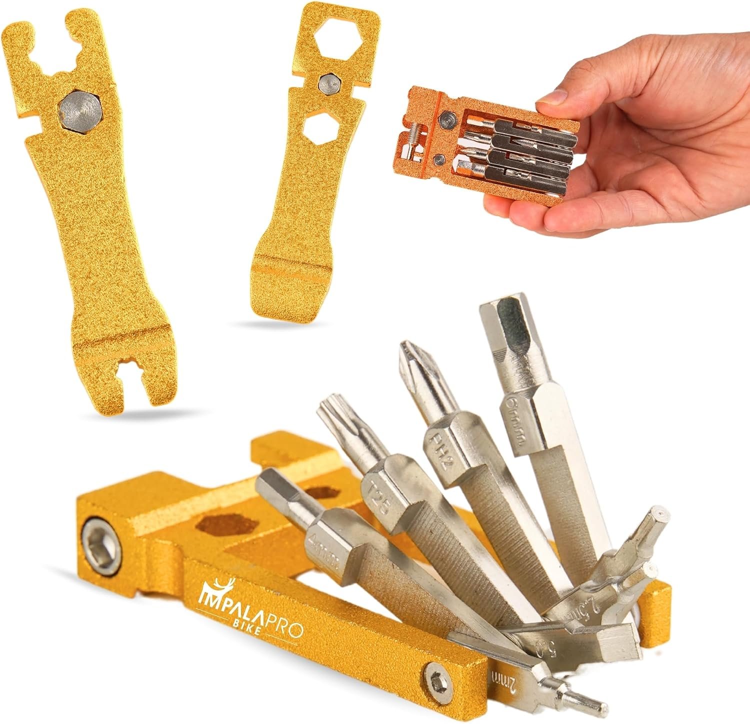 IMPALAPRO Bike Tool Kit Portable 20 in 1 Compact and Lightweight (117.5g) Chrome-Vanadium (CRV) – Bike Multitool with Chain Breaker – MTB Multitool – Bike Repair Tools (Gold)