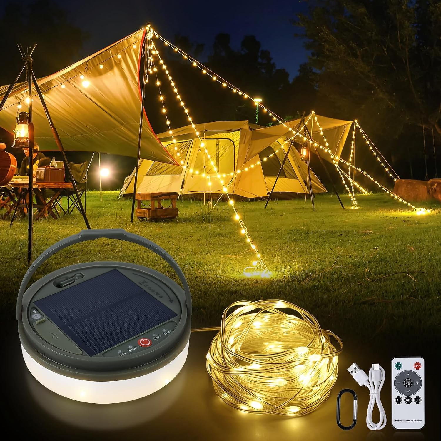 SMY Lighting 4 in 1 Solar Camping String Lights, 42.6Ft Ultra Long String with 160LEDs, Solar Powered and USB Rechargeable Light with Remote Control, Portable Camping Light for Hiking, Decorations