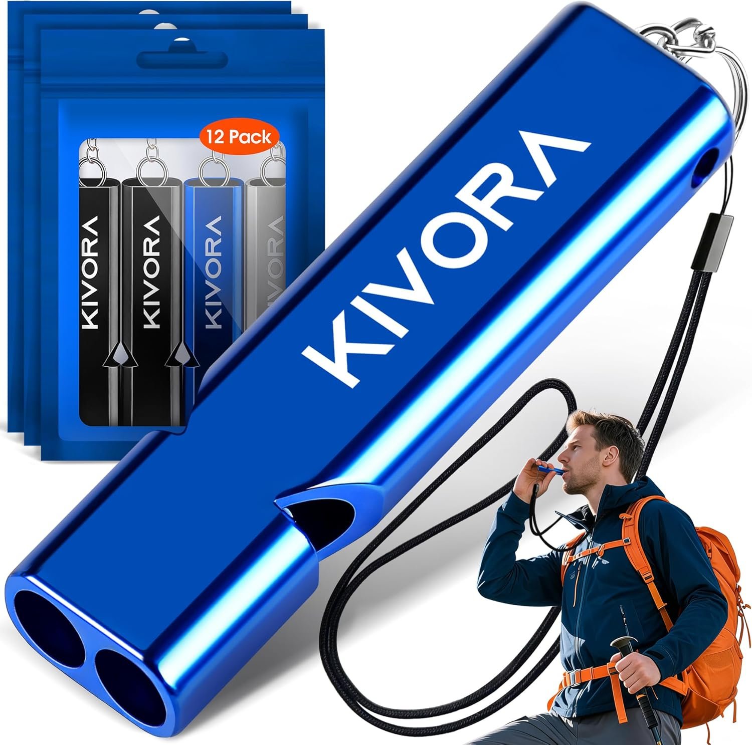 KIVORA Emergency Whistle, 12PCS Premium Safety Survival Whistles with Lanyard Keychain, High Pitch Double Tubes for Outdoor Hiking Camping Hunting