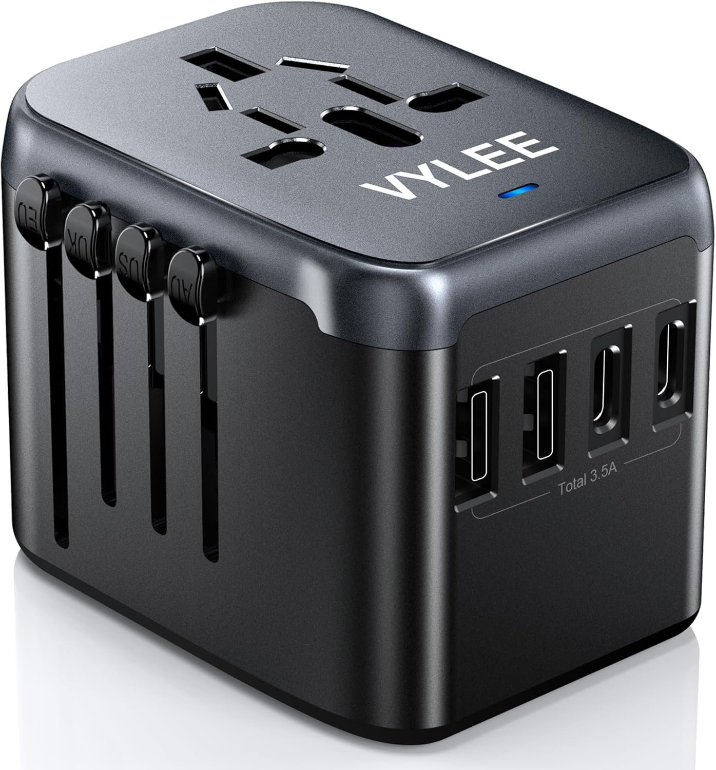 VYLEE Universal Travel Adapter, 5 in 1 International Power Adapter with 3.5A 2xUSB-A & 2xUSB-C Ports, Travel Plug Adapter Worldwide for Europe USA UK AUS Travel Essentials (Black Grey)