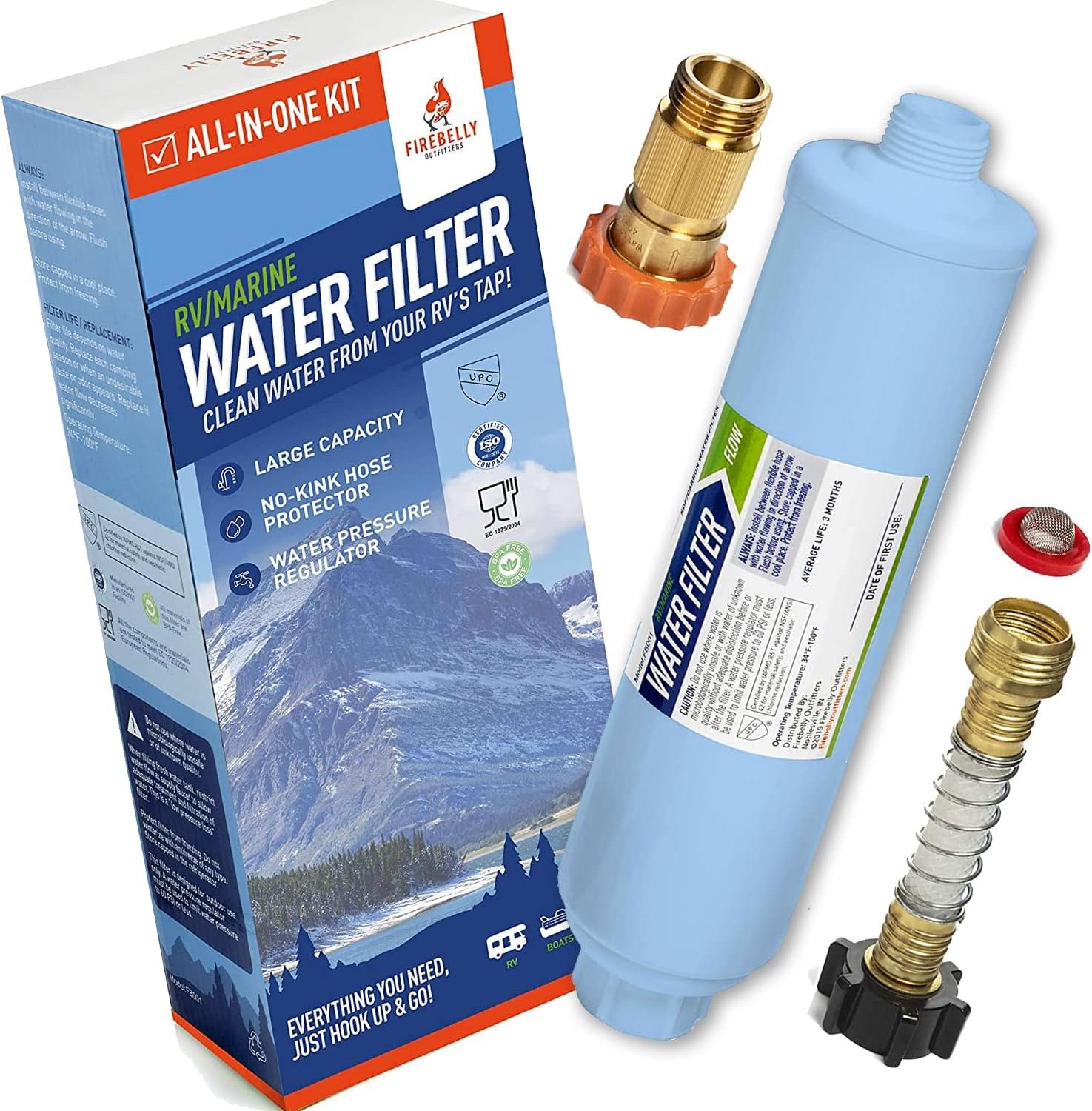 Firebelly Outfitter RV Water Filter, Pressure Regulator Kit – RV Essentials, Camper Accessories for Inside/Outside – Camping Must Haves – Inline Fresh Drinking Hose Filtration System Supplies