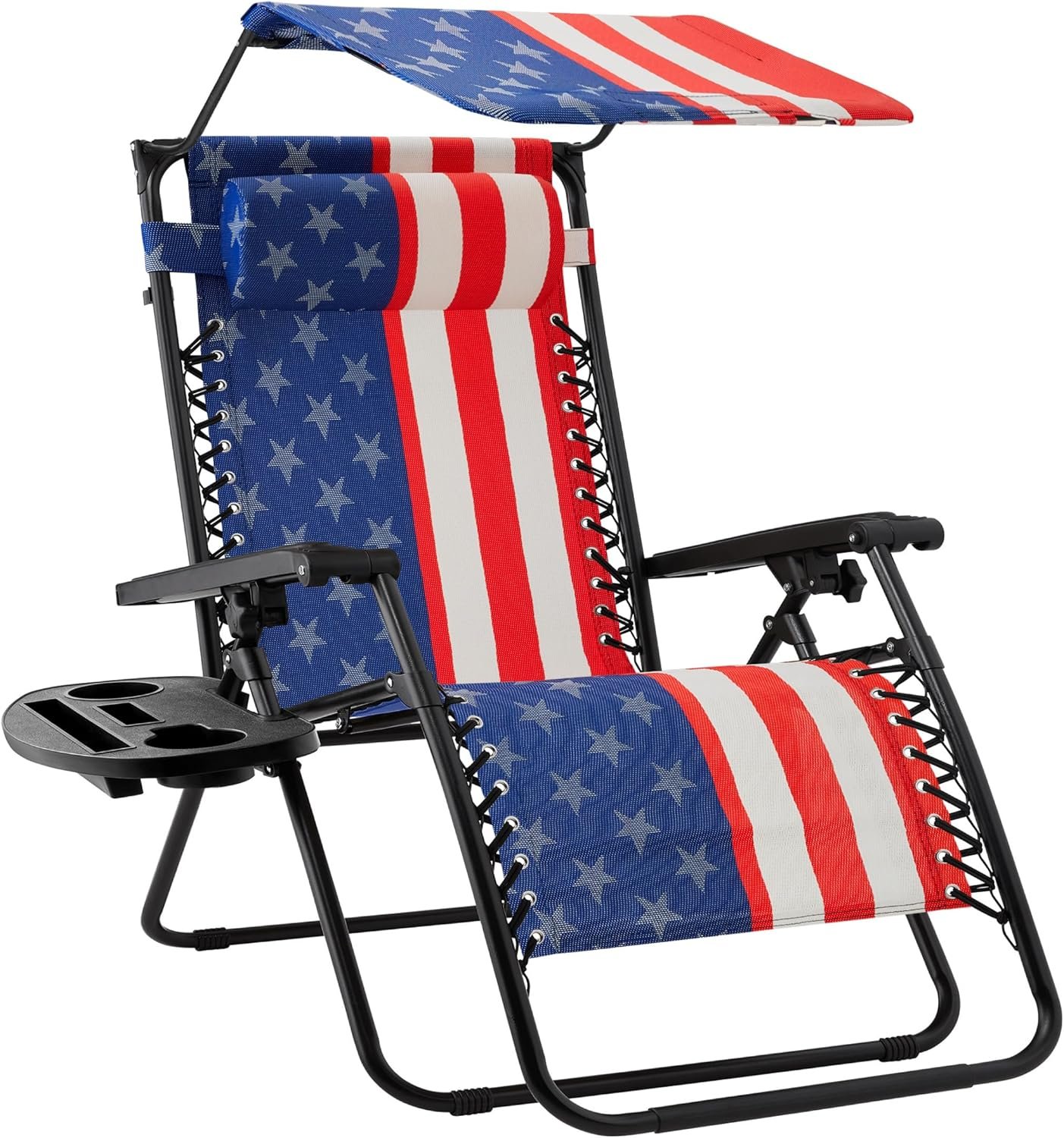 Best Choice Products Folding Zero Gravity Outdoor Recliner Patio Lounge Chair w/Adjustable Canopy Shade, Headrest, Side Accessory Tray, Textilene Mesh – American Flag