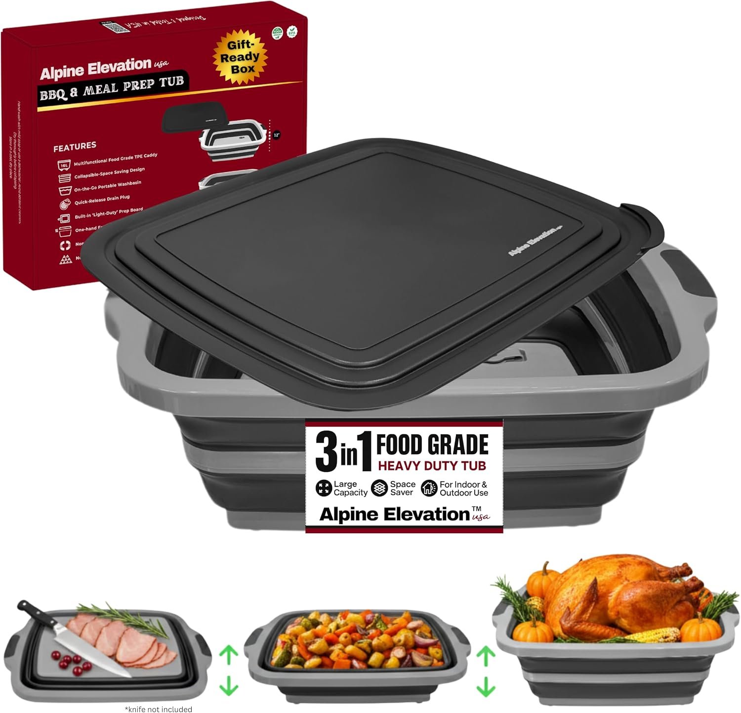 Collapsible X-Large (16L) BBQ Marinating Tub w/ Cutting Board | Multipurpose Food-Grade TPE Prep Tub w/ Lid | Built-In Colander & Drain Plug – For Camping | Tailgate | Picnic – Slate Black
