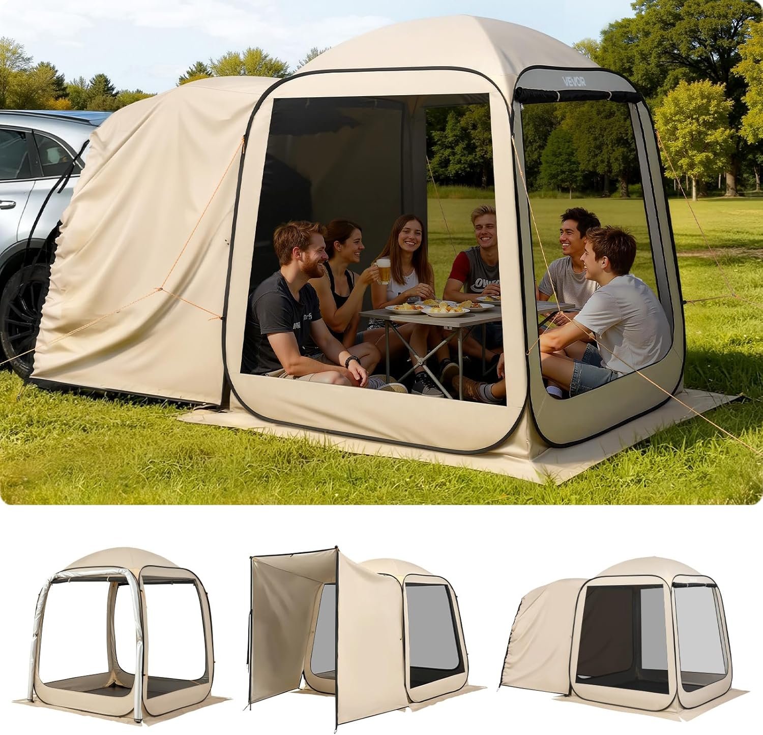 VEVOR SUV Tailgate Tent, 6 x 6 ft Pop-Up Screen House Canopy for 4–6 Person, Portable Screened Shelter with Carry Bag, for Car Camping, Backyard, Patio, Outdoor Activities