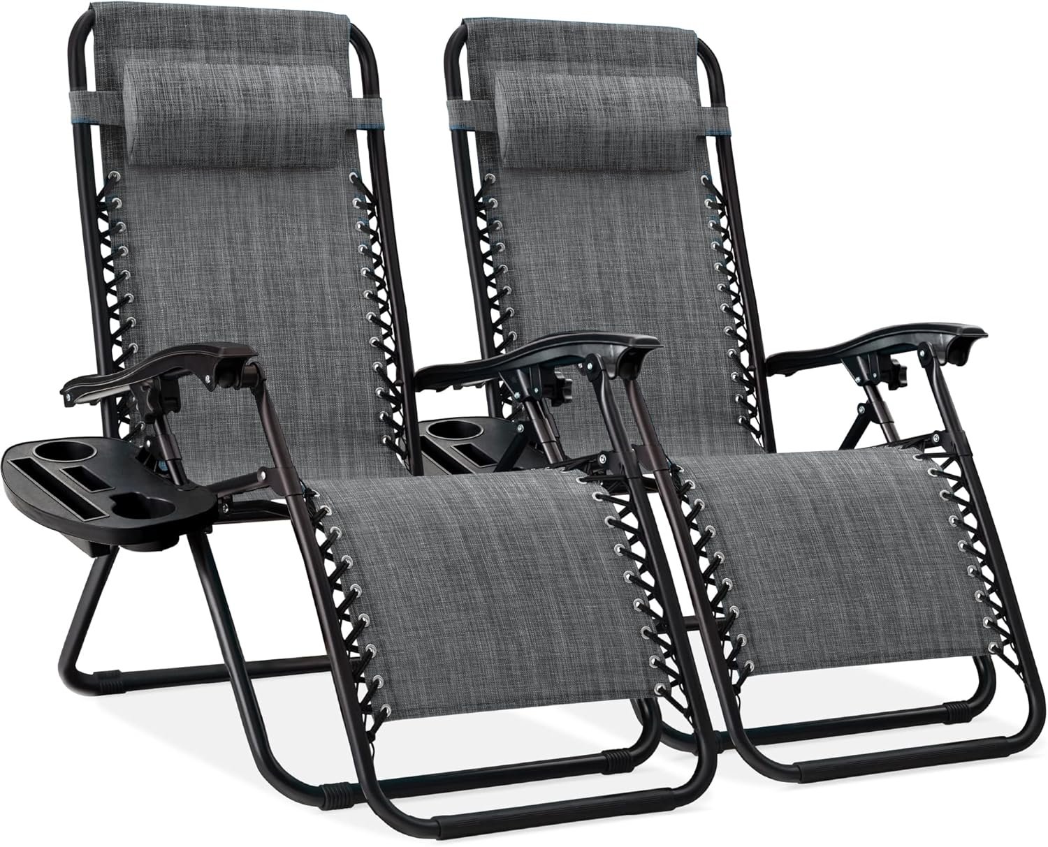Best Choice Products Set of 2 Adjustable Steel Mesh Zero Gravity Lounge Chair Recliners w/Pillows and Cup Holder Trays – Gray