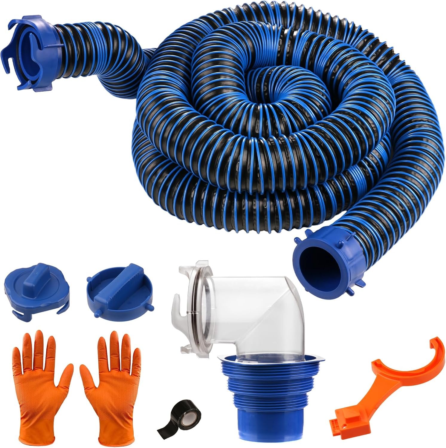 20FT RV Sewer Hose Kit: Heavy Duty Camper Waste Hose with Leak-Proof Swivel Fittings, 90° Clear Elbow, 4-in-1 Adapter, TPE Tech for Crush-Proof and UV-Resistant (Blue)