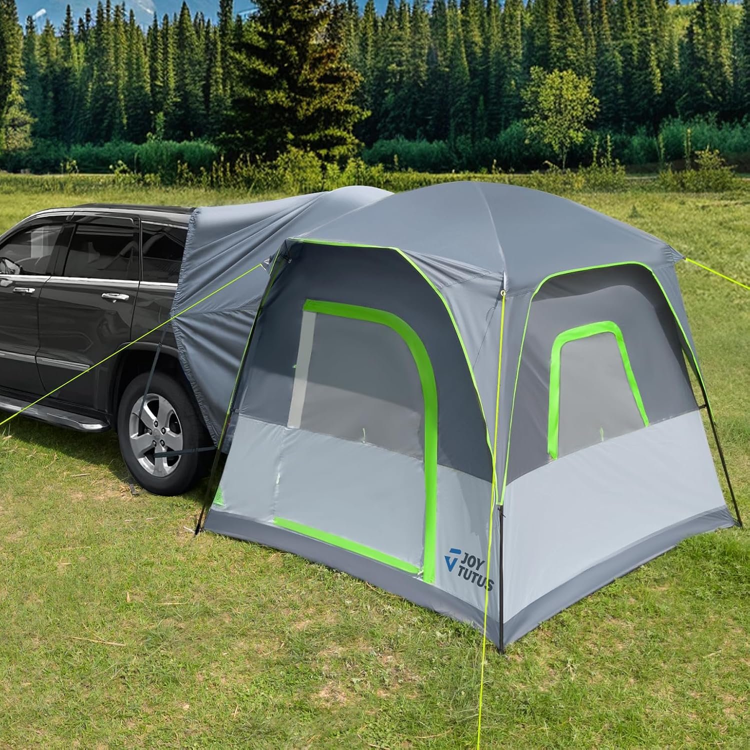 JOYTUTUS Dual-Use SUV Camping Tent with Rainfly, 4-9 Person Car Tent, Thicker Steel Frame, Ventilated Double Door, Movie Screen, Compatible with SUVs, Hatchback Tent