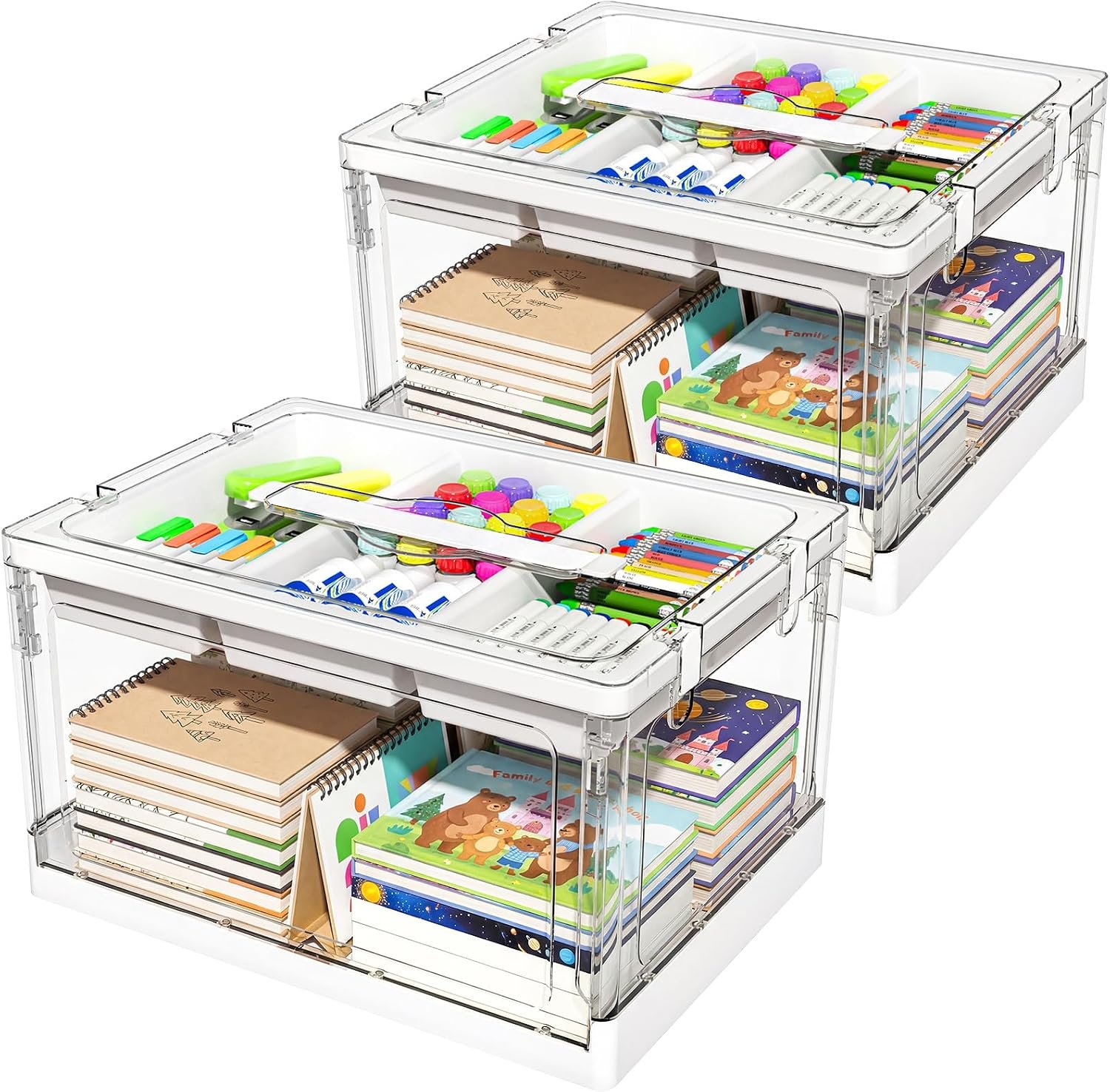 24QT 2Packs Clear Craft Organizers and Storage with Trays, Art Supply Organizer and Storage, Craft Storage Box with Lid for Beads, Markers, Coloring Books, Sewing, Playdoh and Tools
