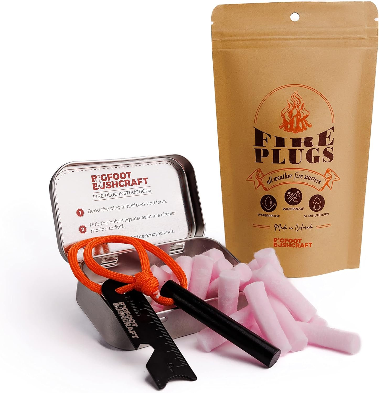 Bigfoot Bushcraft Complete Mini Fire Starting Kit – Waterpoof, Windproof, 5+ Minute Burn – Includes 16 Fire Plugs, Hinged Travel Tin, and Mini Ferro Rod Set