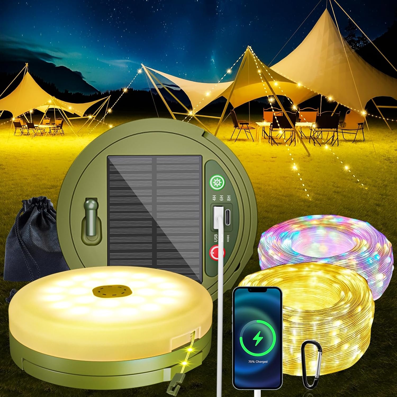 Upgraded Solar Camping String Lights, 33FT Retractable Colored Fairy Solar String Lights Camping with Snap Portable Hanging Tent Lantern for Awning Garden Yard Party Decor