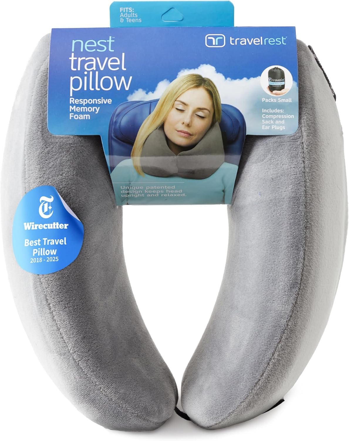 travelrest Sleep Neck Pillow Travel – Travel Essentials, Memory Foam, Neck Support Pillow for Long Flight, Plane Sleeping Accessories, Anti-Slip and Comfortable, Washable, Attaches to Luggage – Gray