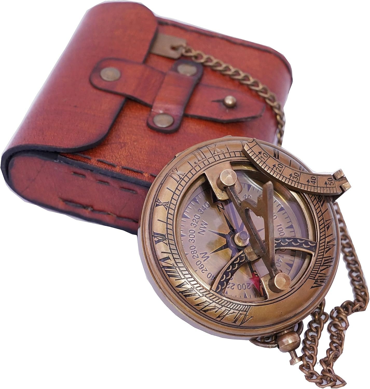 Handcrafted Vintage Brass Sundial Compass – Antique Nautical Sun Clock with Leather Case – Engraved Collectible Brass Compass Gift for Men – Nautical Gifts for Men, Best Anniversary Vintage Gifts