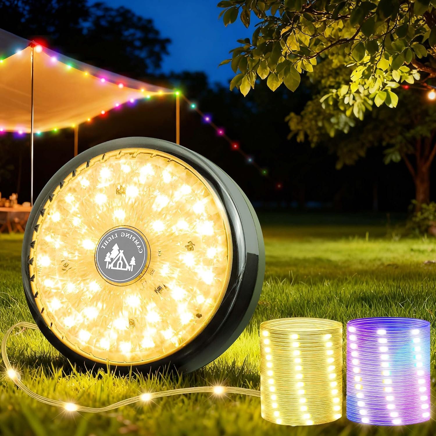 Camping String Lights, 32.8ft RGB Retractable Tent String Lights | 4000mAh Rechargeable LED Fairy lamp, Portable Twinkle Camp Lamp for Outdoor Backyard Patio Awning Canopy RV Essentials, Green