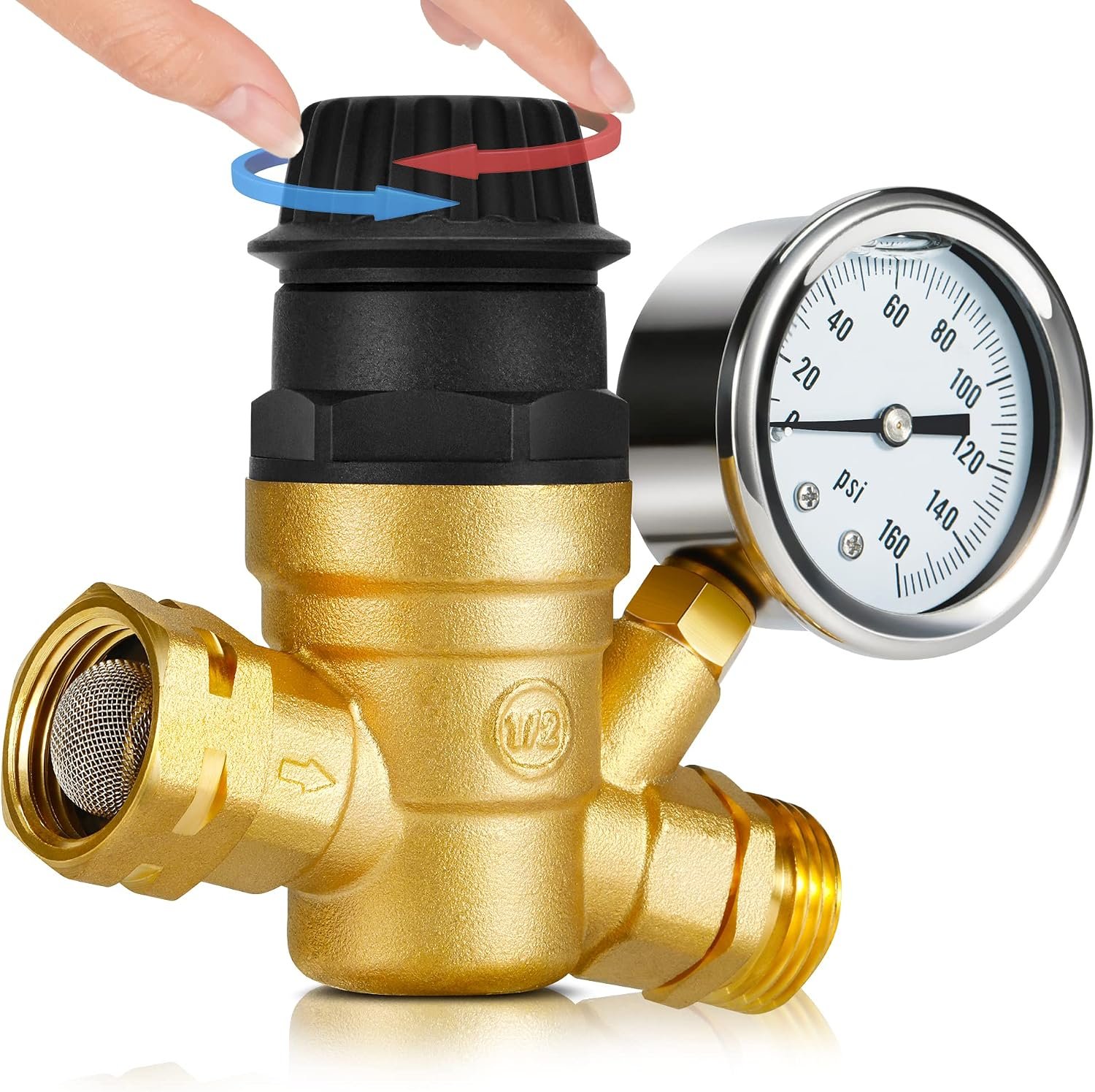 Kohree RV Water Pressure Regulator for RV Camper, Adjustable Handle Brass Lead-Free Reducer Valve RV Water Pressure Regulator with Gauge and 2 Inlet Screened Filters for RV Camper Travel Trailer