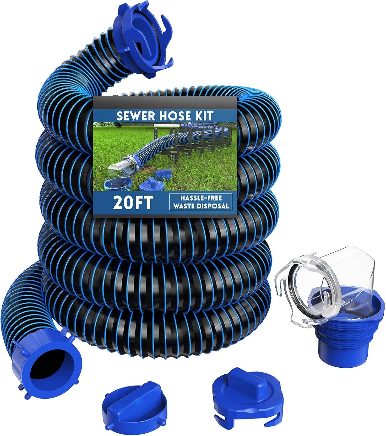 DUMPMAN RV Sewer Hose Kit, 20 Ft Sewage Hose | Septic Hose with Swivel Fitting, Clear Sewer Hose Elbow, 2 Storage Caps, for RV/Camper
