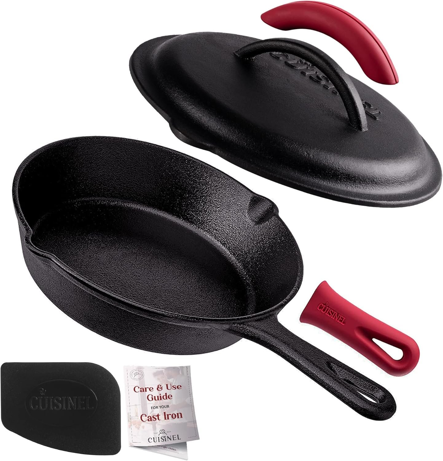 Cuisinel Cast Iron Skillet with Lid – 8″-inch Pre-Seasoned Covered Frying Pan Set + Silicone Handle and Lid Holders + Scraper/Cleaner – Indoor/Outdoor, Oven, Camping Fire, Grill Safe Kitchen Cookware