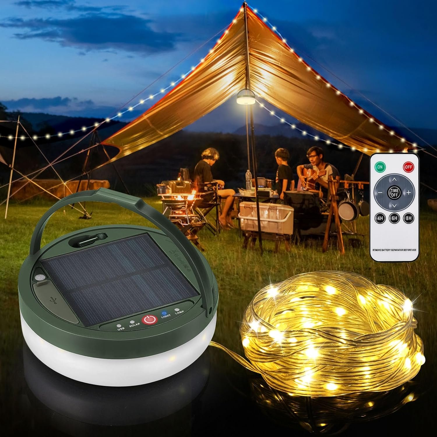 Anpro Solar Camping String Lights 4 in 1: 39.4Ft Ultra Long 150LEDs, 3600mAh Outdoor String Lights Solar Powered and USB Rechargeable Light with Remote Control, Portable Camping Light for Hiking