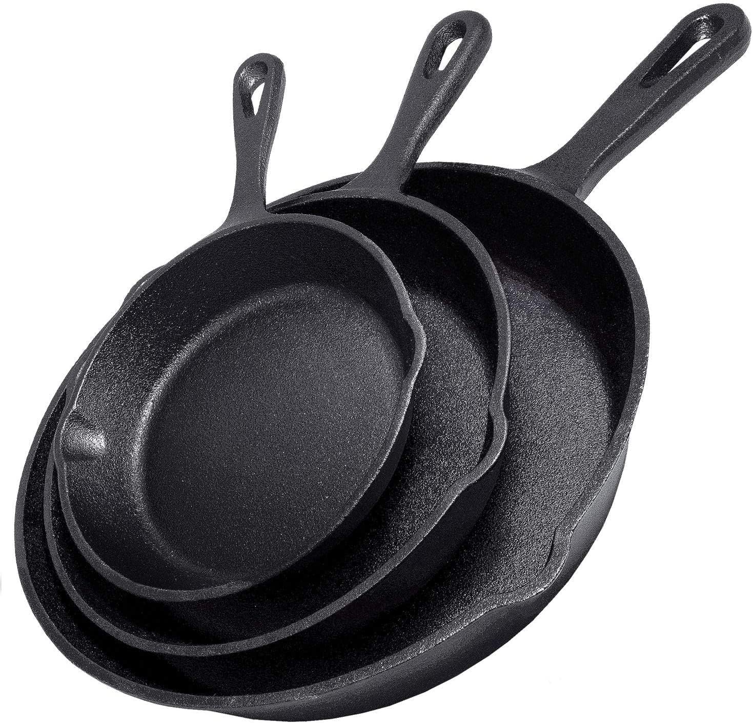 Cast Iron Skillet 3-Piece Set w/Cookbook – Heavy-Duty Professional Restaurant Chef Quality Pre-Seasoned Pan Cookware – 10″, 8″, 6.25″ Pans – For Frying, Saute, Cooking, Pizza – Black