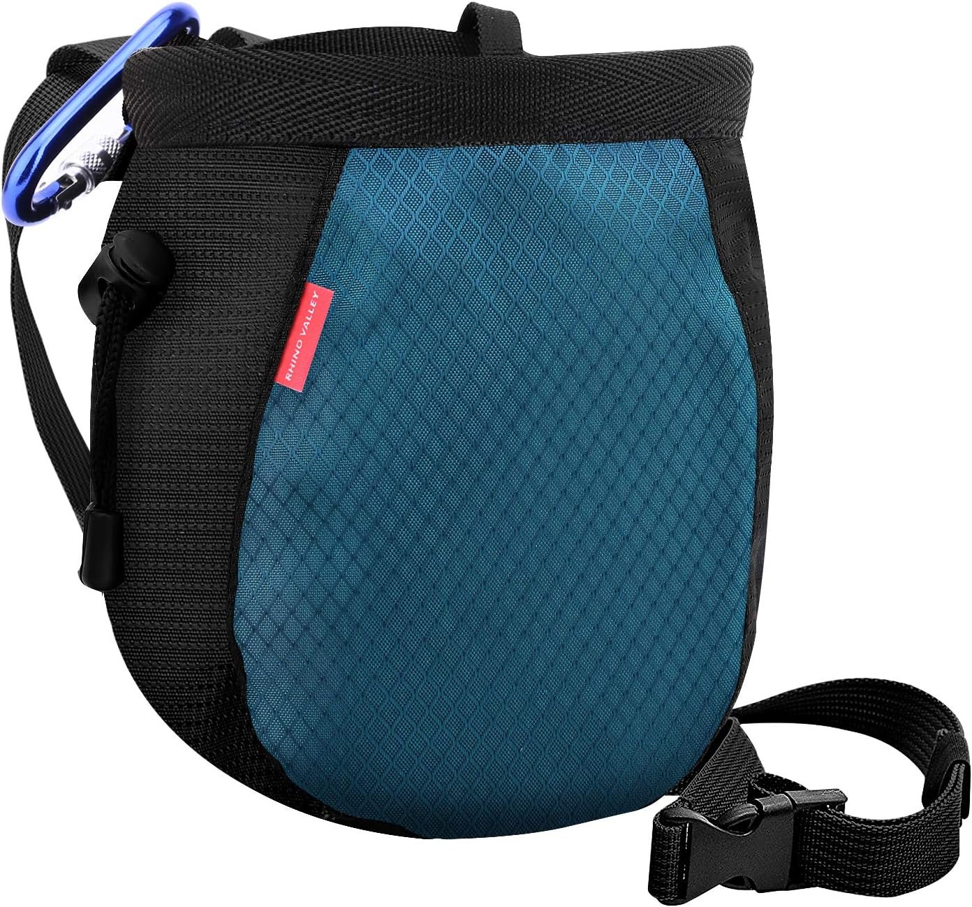 Rhino Valley Climbing Chalk Bag, No Leak Drawstring Chalk Bag with Adjustable Belt, Carabiner Clip and Zippered Pockets Chalk Bag for Rock Climbing, Cross Fit, Weight Lifting & More