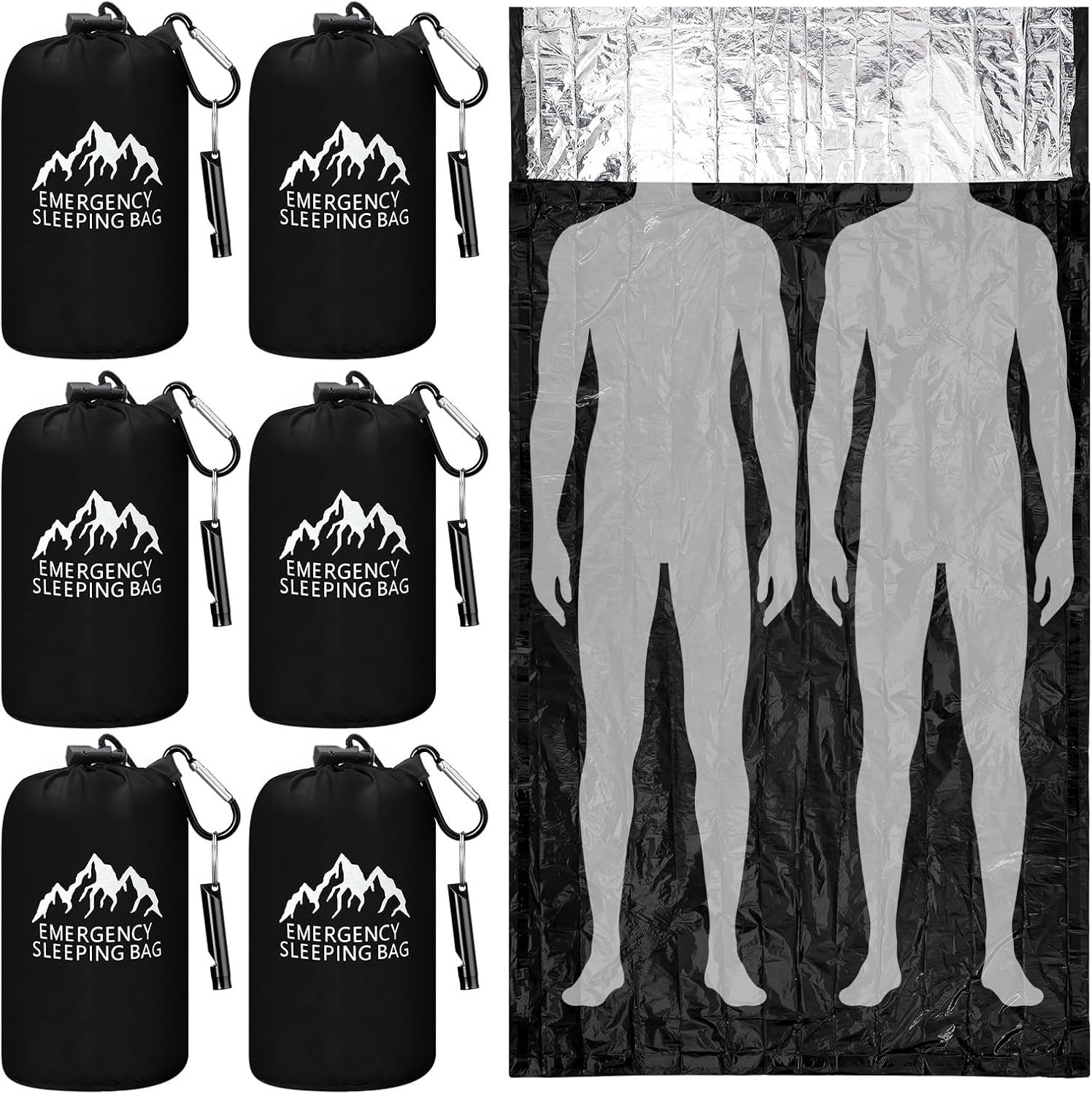 Oudain 6 Pcs XL Emergency Sleeping Bag 94.5″ x 49.2″ Waterproof Survival Sleeping Bag with Whistle Carabiner Portable Thermal Bivy Sack Emergency Blankets for Camping Hiking Outdoor