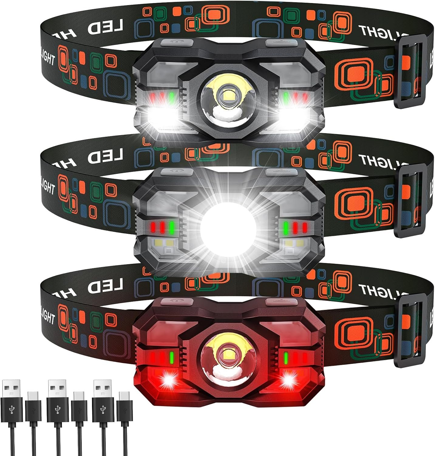 Rechargeable Headlamp Flashlight 3-Pack, 2000 Lumen Super Bright LED Headlight with Red Light, Headlamps for Adults Kid, Waterproof Lightweight Head Lamp for Outdoor Camping Running Hiking Fishing