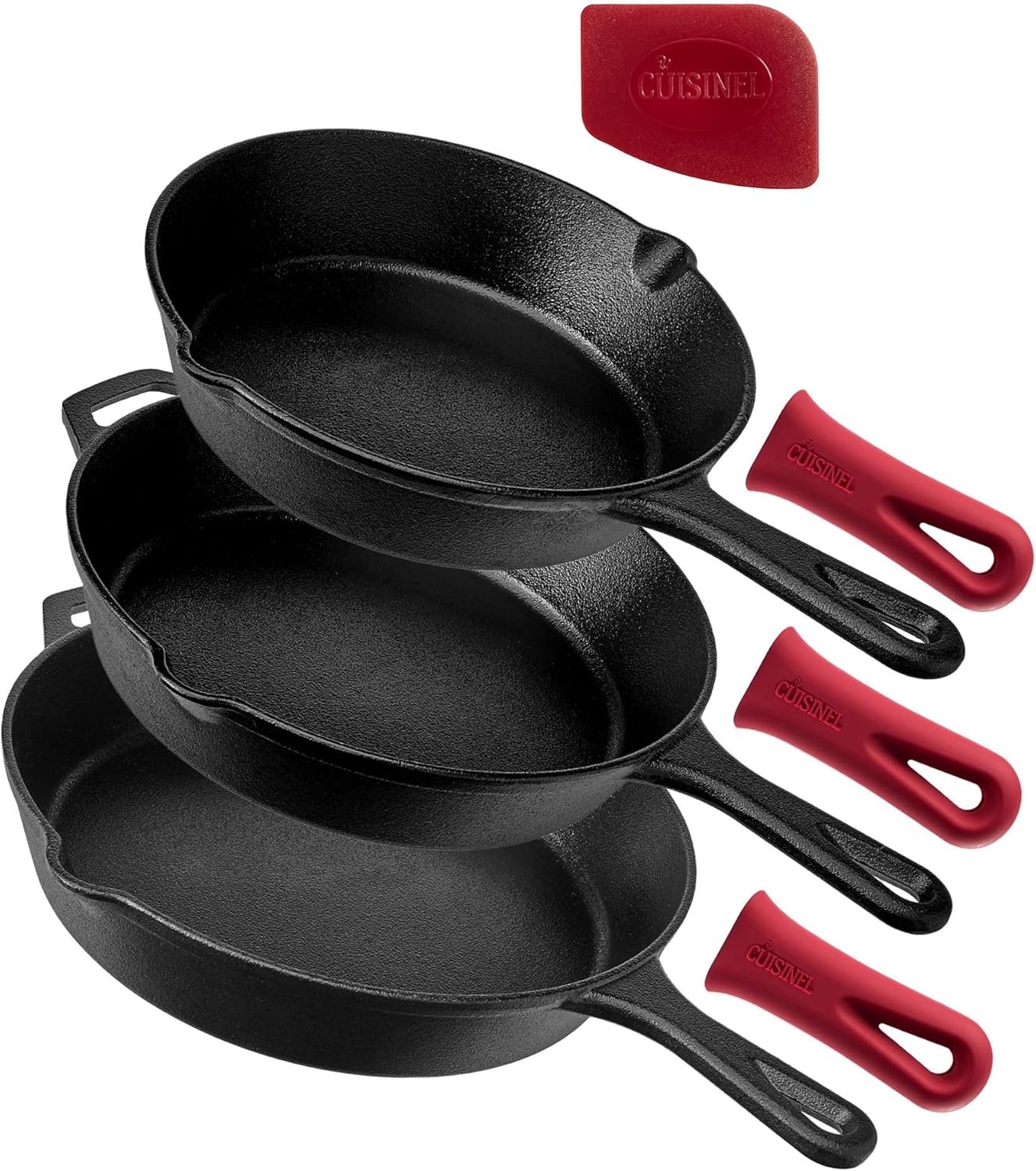 Cuisinel Cast Iron Skillet Set – 8″ + 10″ + 12″-Inch Pre-Seasoned Frying Pans + Silicone Handle Grip Covers – Indoor/Outdoor, Oven, Grill, Stove, BBQ, Fire, Induction Safe Kitchen and Camping Cookware