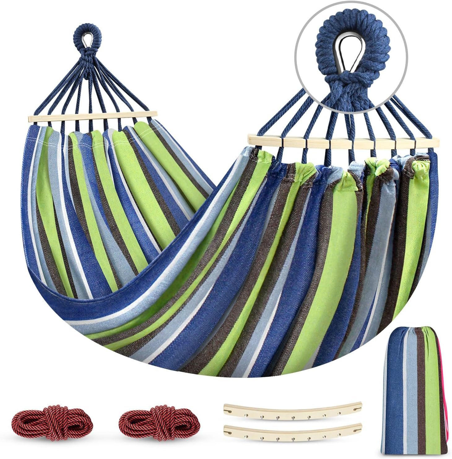 MOSFiATA Hammocks Portable Camping Hammock Upgraded 550lb Comfortable Fabric Hammock with Two Anti Roll Balance Beam and Sturdy Tree Straps for Camping, Patio, Backyard, Outdoor （Light Green）