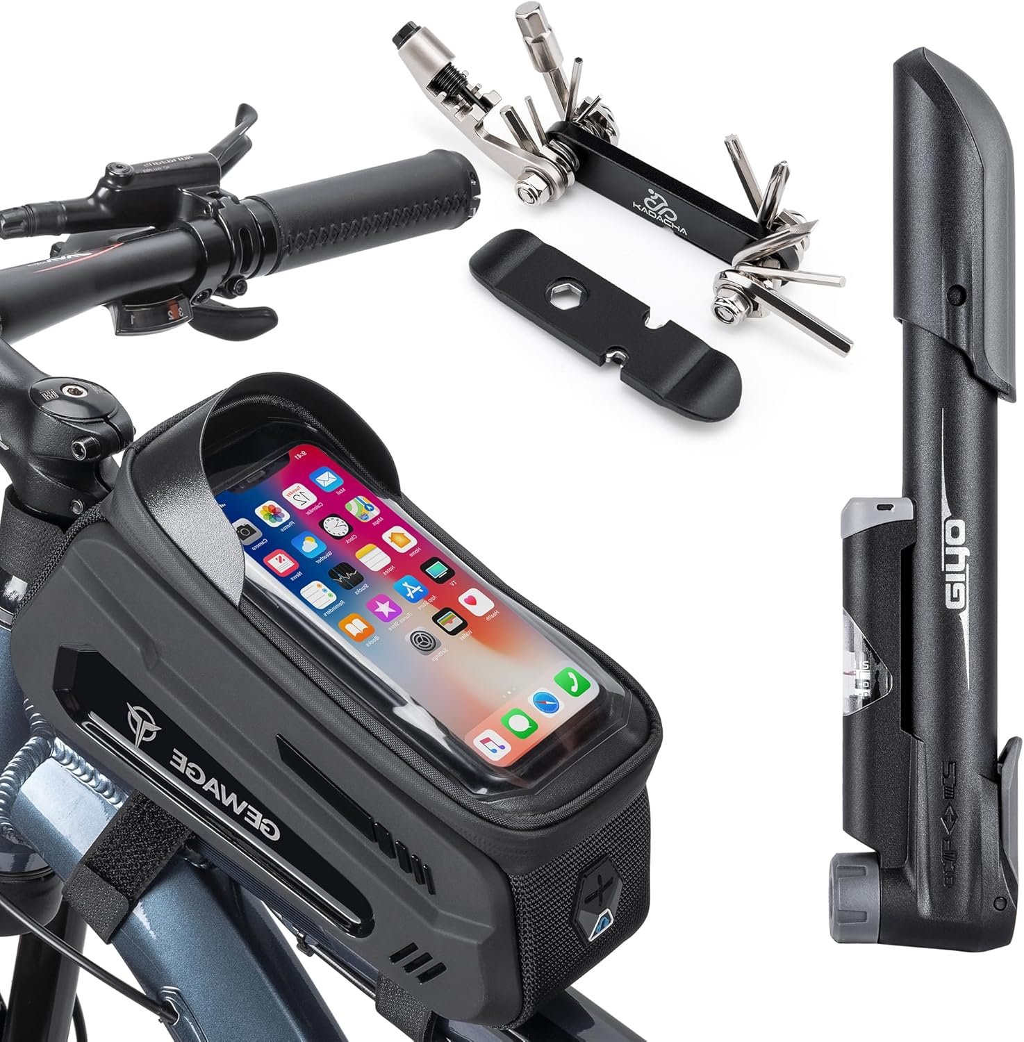 GEWAGE Bicycle Phone Mount Bag & Bicycle Tire Pump, Bike Multitool with Tyre Lever – Bike Tool Kits for Repair and Maintenance at Home or On The Road