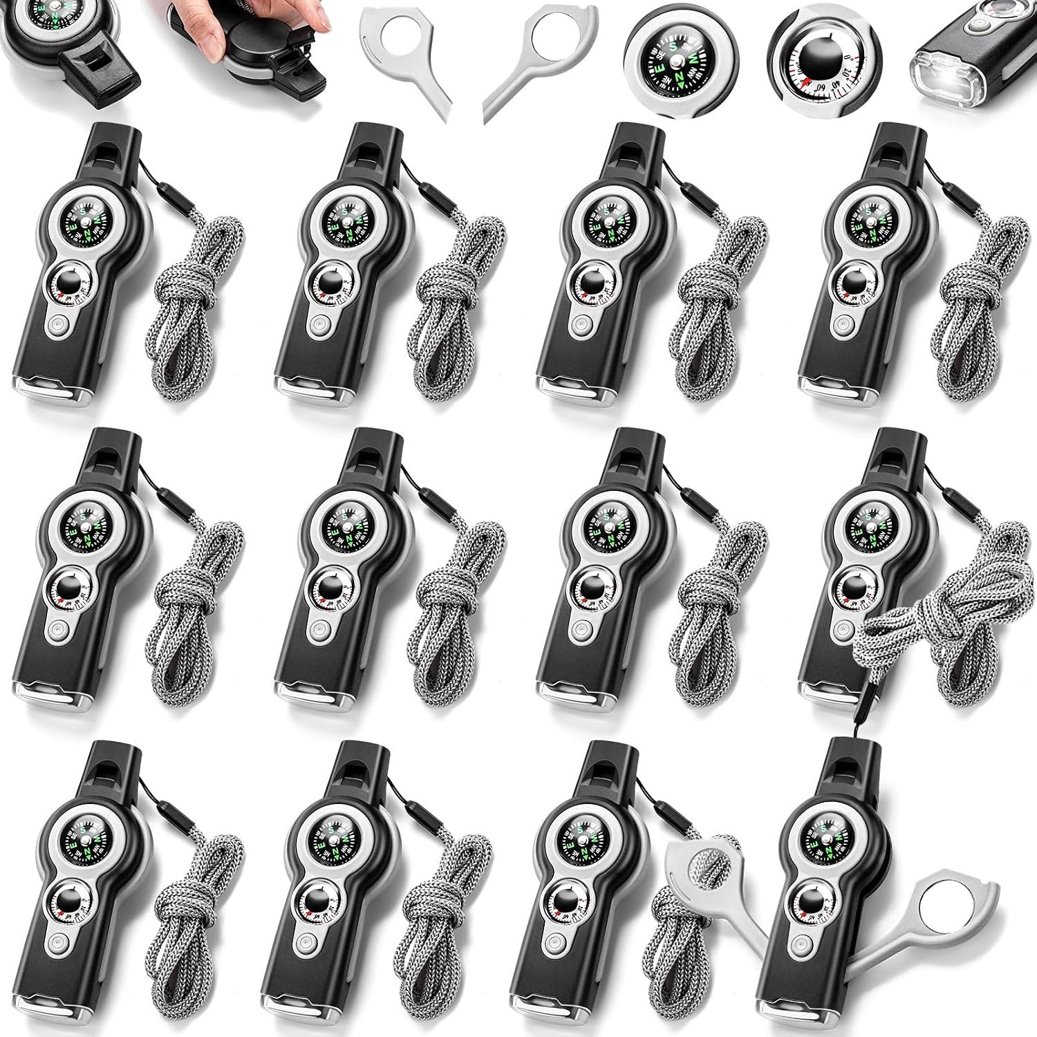 Arrowbash 12 Pack Emergency Survival Whistle 7-in-1 Compass Hiking Survival Safety Whistle with Lanyard Outdoor Multifunctional Tool Ideal for Hiking Camping Rescue Signaling