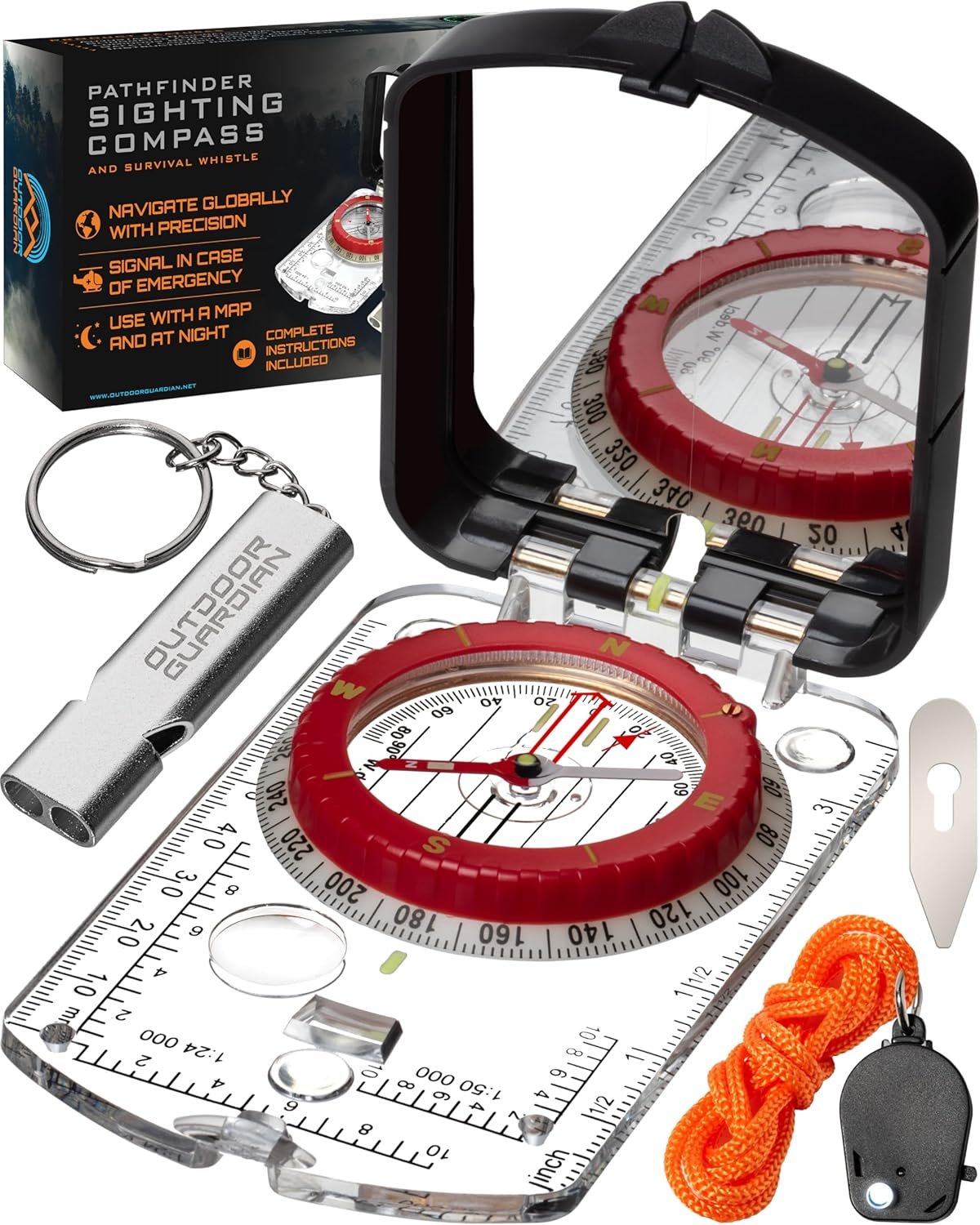 Pathfinder Sighting Compass – Precise Navigation, Hiking and Orienteering Mirror Compass with Luminous Bezel, Adjustable Declination, Clinometer, LED and Survival Whistle, Scout Gifts