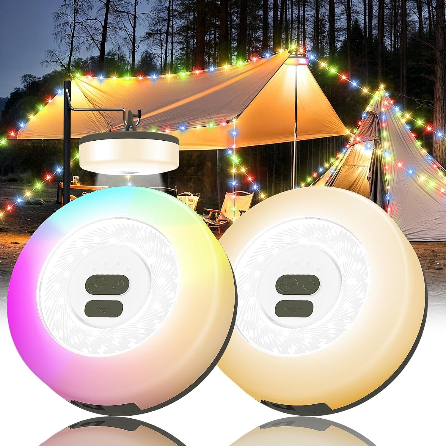 2Pack Camping String Lights, 4 in 1 Quick Storage Camping Essentials Gear 32.8FT Rechargeable Tent Lights with 9 Modes Hanging Waterproof LED Camp Lamp for Camping Hiking Patio Festival (Warm +RGB)