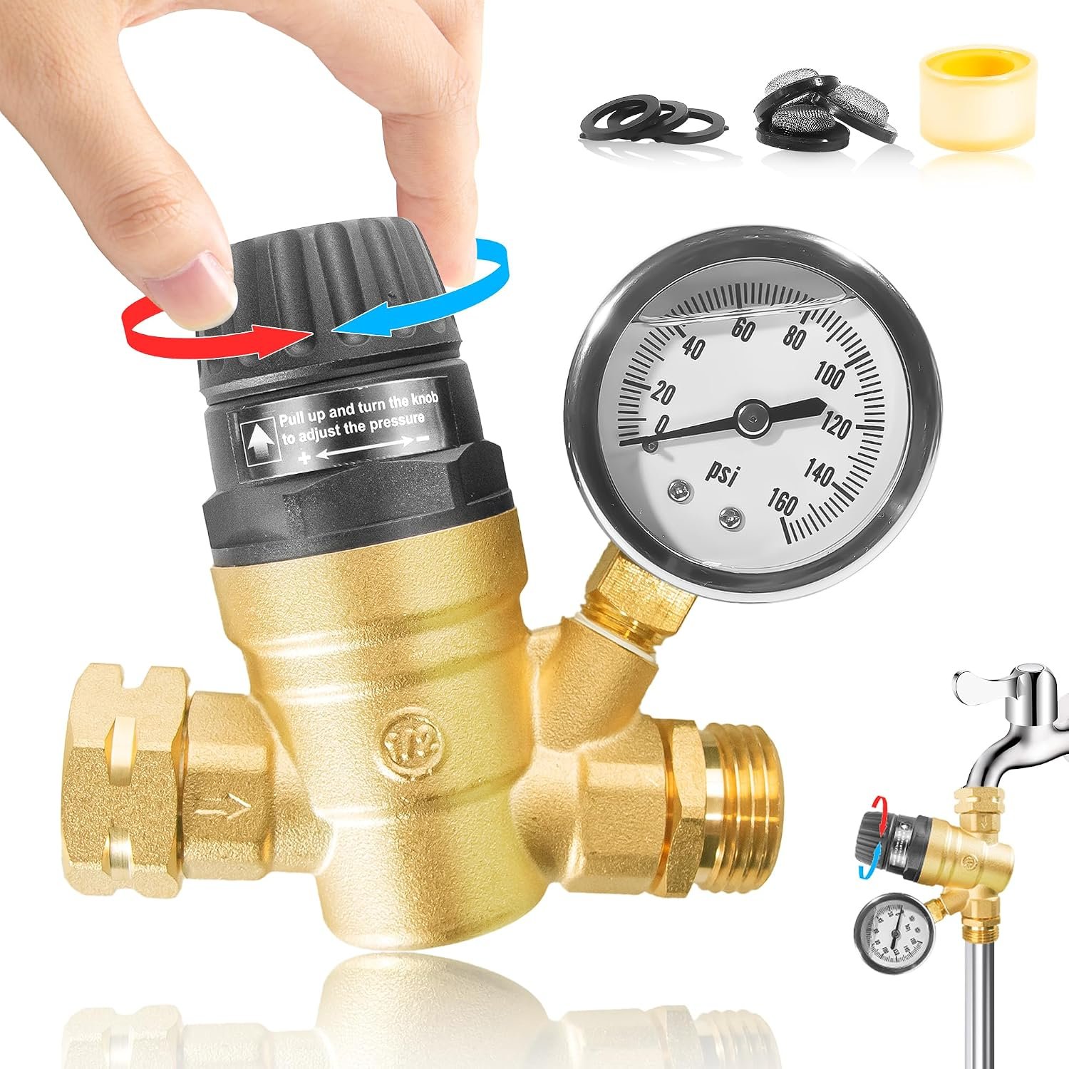 vidonio RV Water Pressure Regulator with Adjustable Handle, Lead-Free Brass Water Pressure Regulator for RV Camper with Pressure Gauge and Inlet Screen Filter for Reliable Water Flow
