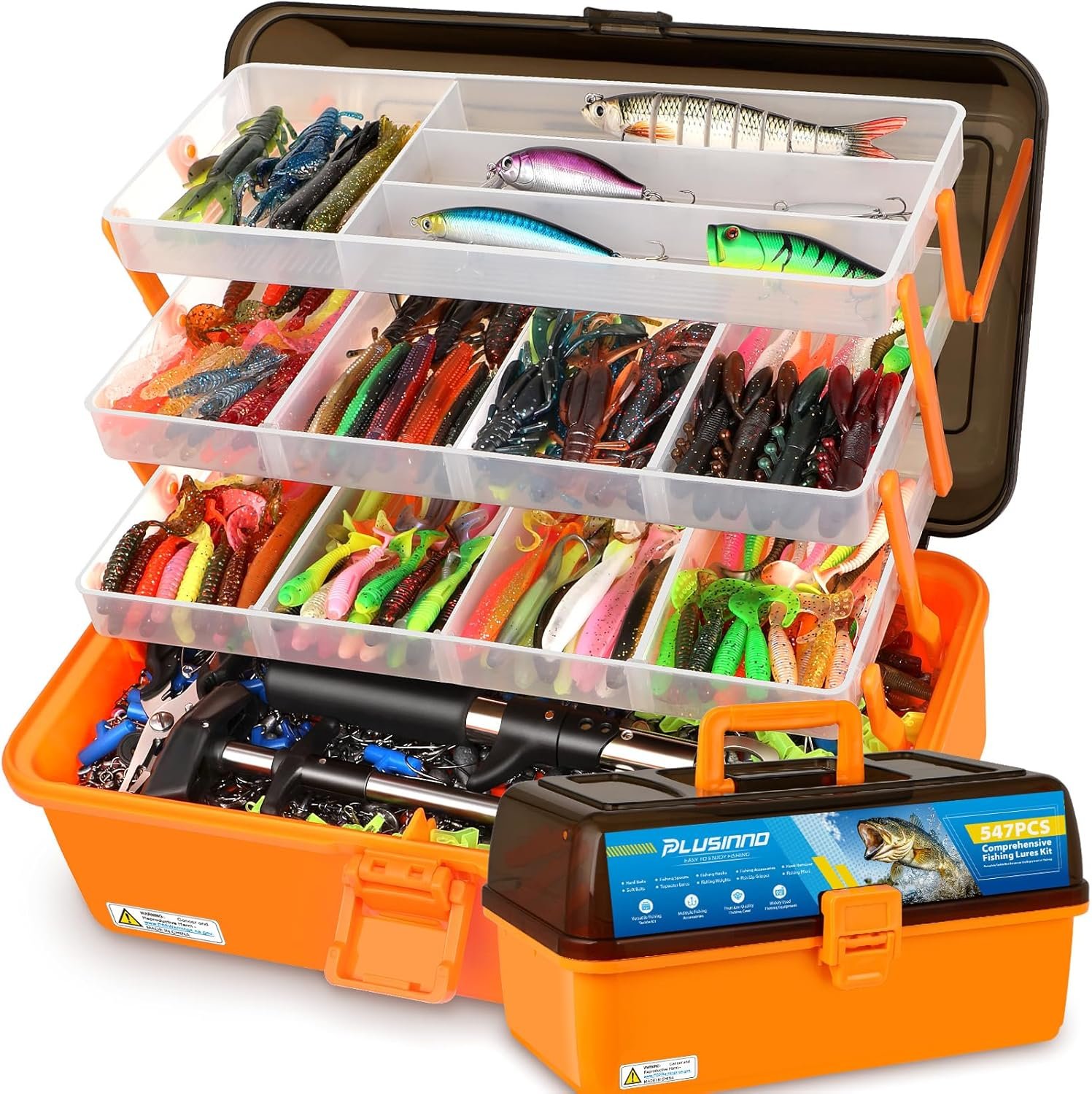 PLUSINNO Large 4-Layer Tackle Box with Tackle Included, 547Pcs Fishing Lures Kit – Pliers, Crankbait, Hooks, Weights & Accessories – Freshwater Bass Fishing Bait Lure Gear and Equipment, Gift for Men