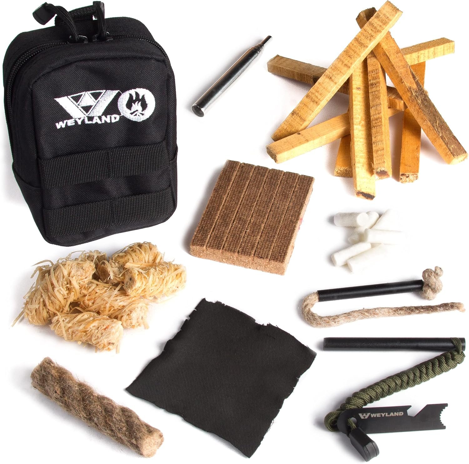 WEYLAND Fire Starting Kit – Ferro Rod & Magnesium Fire Starter, Flint & Steel Survival Tool for Camping, Bushcraft, Emergency Preparedness, Fatwood Fire Starter Sticks & Tinder for Outdoor Adventure