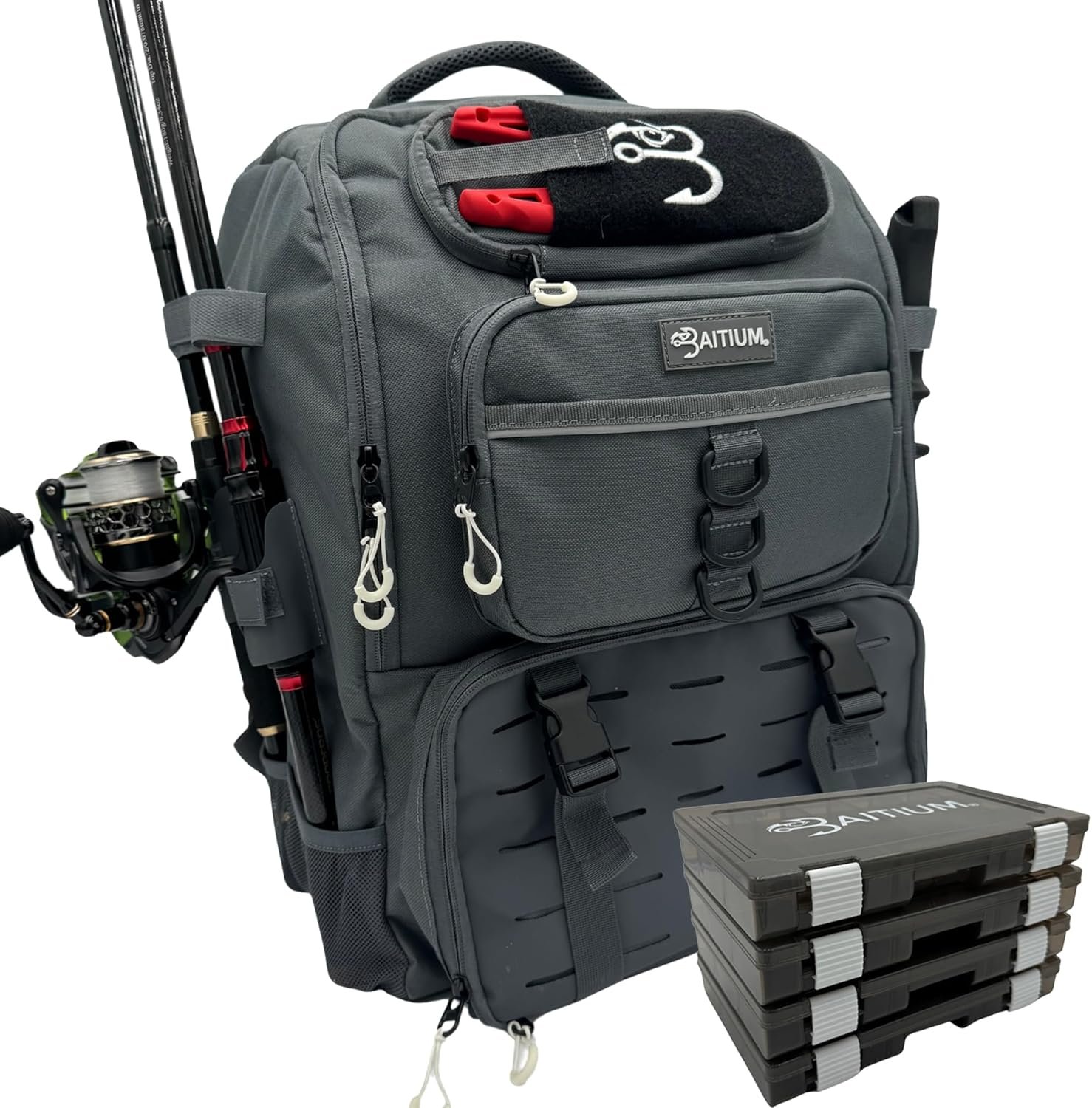 Baitium Fishing Backpack, Tackle Bag With Rod Holders, 40L Capacity With Cooler, Rain Cover, Insulated Pocket, 4 Tackle Trays Included – (Grey)