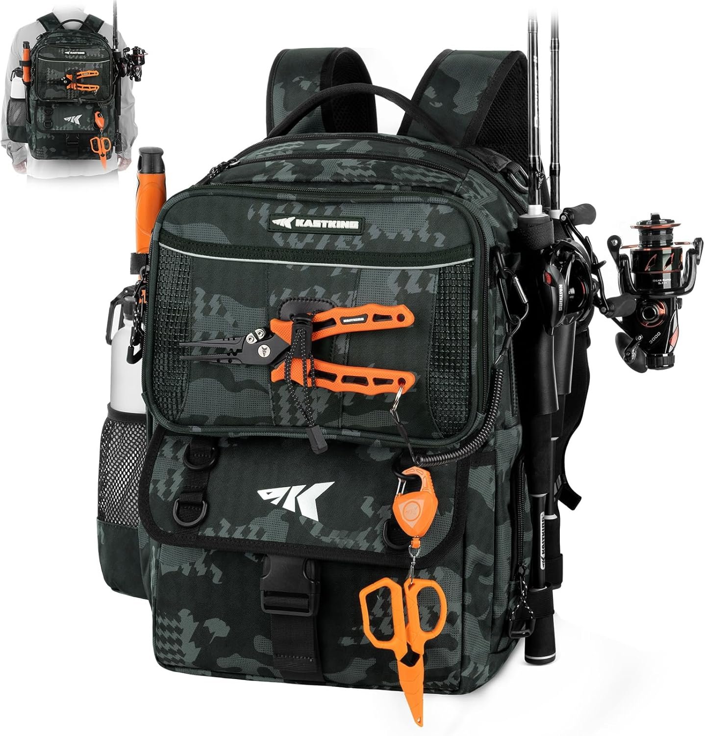 KastKing BaitSpace Fishing Tackle Backpack with Removable Bait Binder,2 Rod Holders Storage Fishing Gear and Equipment