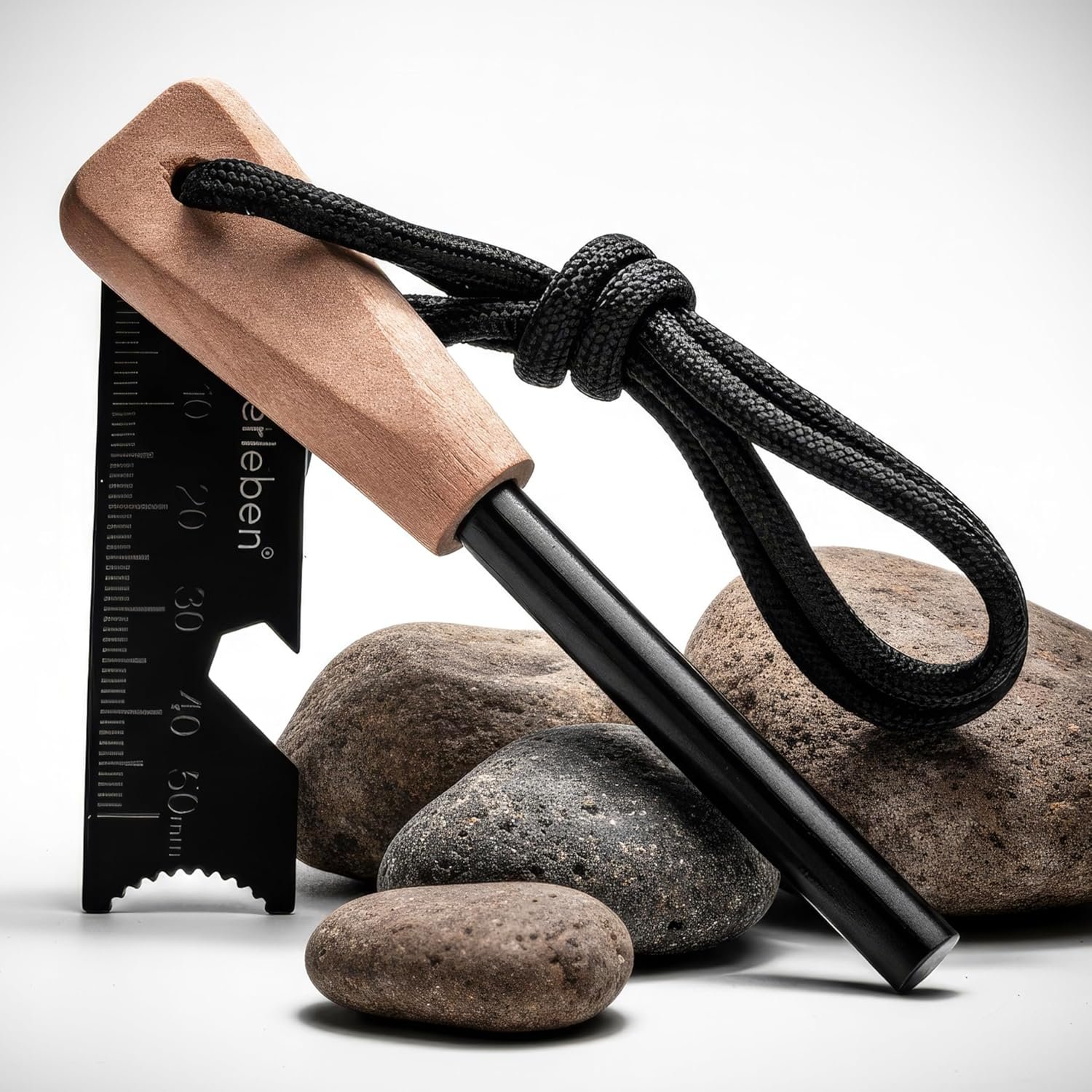 überleben | Zünden Original Ferro Rod Fire Starter Survival Tool – Up to 15,000 Strikes, 3/8″ Fire Steel with Wood Handle, Multi-Tool Striker & Lanyard – Waterproof Camping Essentials