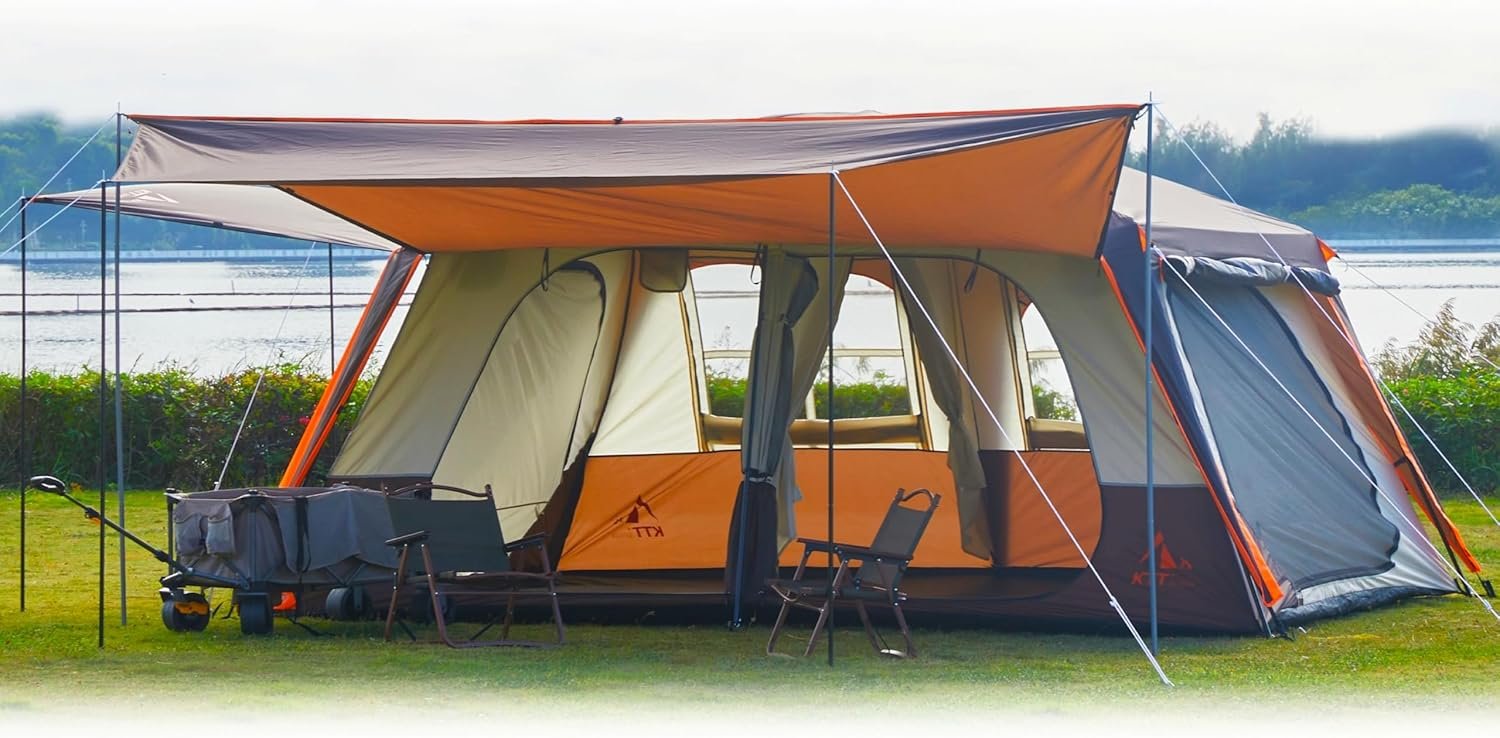 KTT Extra Large Tent 6-12-14 Person,Family Cabin Tents,2 Rooms,3 Doors and 3 Windows with Mesh,Straight Wall,Waterproof,Double Layer,Big Tent for Outdoor,Picnic,Camping,Family Gathering