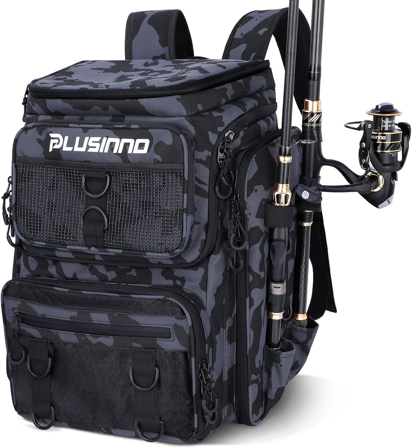 PLUSINNO Fishing Tackle Backpack with Rod Holders，42L Water-resistant Fishing Bag Store Fishing Gear, Fisher Gifts For Men.
