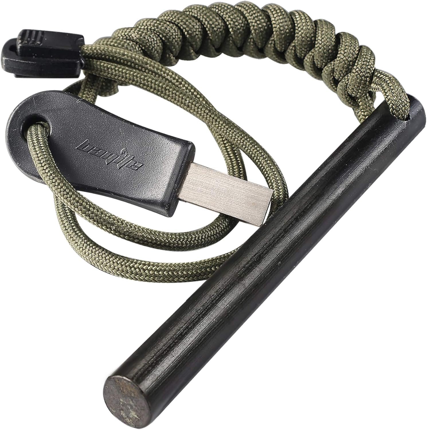 4 Inch Survival Ferrocerium Drilled Flint Fire Starter, Ferro Rod Kit with Paracord Landyard Handle and Striker, 4″(Long) x 3/8″(Diameter)