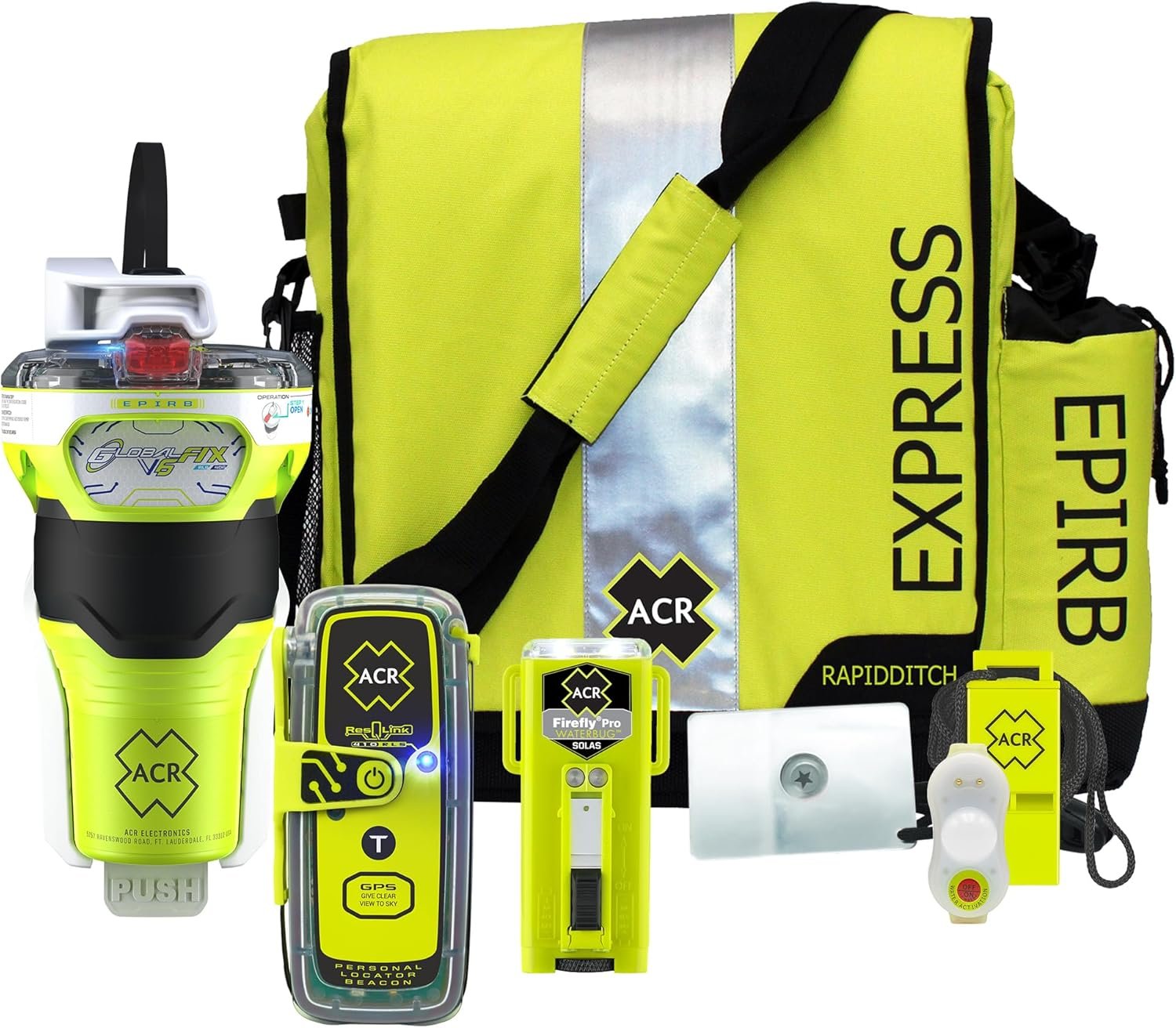 ACR GlobalFix V6 RLS EPIRB Survival Kit with ResQLink 410 RLS PLB, Ditchbag, and signaling Gear ensures Reliable Emergency Response, Providing Vital Safety and Rescue Tools.-2339.1