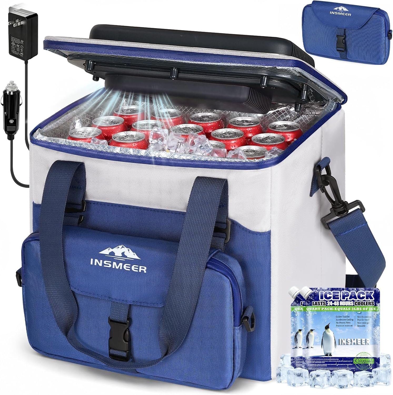 INSMEER Portable Electric Cooler & Warmer, 20L/18QT Lightweight Coolers with Detachable Bag, 110V AC Home Power Cord & 12V Car Adapter for Camping, Road Trips, Picnics(with 2pcs Ice Pack)