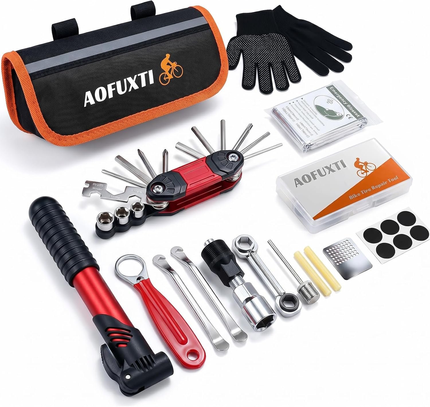 14-Piece Bike Repair Kit with Tire Pump, Portable and Durable | Essential Bicycle Tool kit with 16-in-1 tool, tire patches, 120 PSI pump and reflective bag for Cycling, Camping and Travel