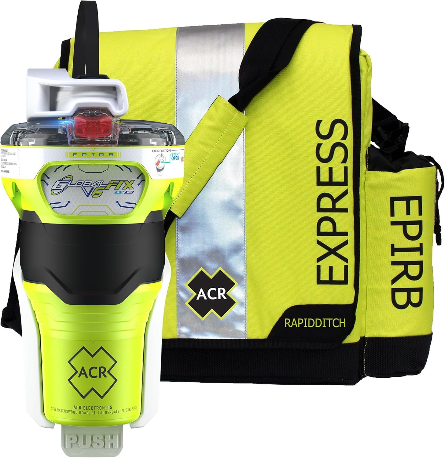 ACR GlobalFix V6 EPIRB with RapidDitch Express Bag – 2343.1: Reliable Emergency Beacon with Quick-Release Bag for Fast Deployment in Critical situations.
