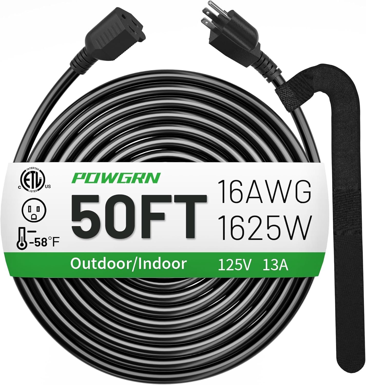 POWGRN 50 FT 16/3 Black Indoor Outdoor Extension Cord Waterproof, 3 Prong Flexblie SJTW Cold Weatherproof -50°C Appliance Extension Cord 13 AMP 1625W 16AWG Electric Cable, ETL Listed